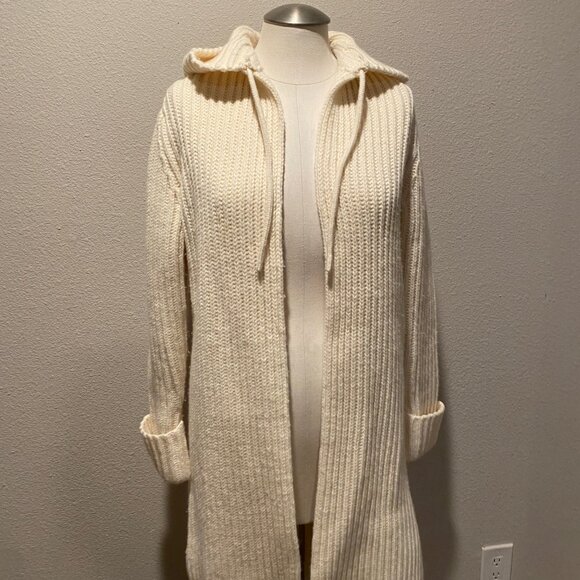 Gap Hooded Sweater Cardigan Cream Ribbed Knit Tassel Tie Size Small‎ - Picture 3 of 6
